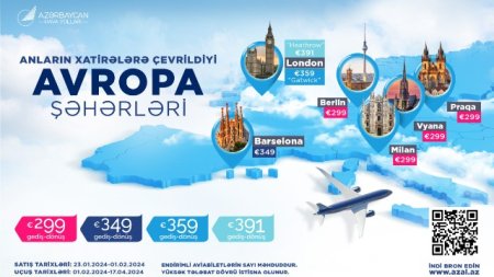 AZAL Avropanın altı şəhəri üzrə aviabiletlərə endirim elan edir!